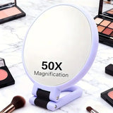 Double-sided Folding Makeup Mirror – 1X/50X Dual Magnification, 360° Rotatable and Foldable for Portability, Three Uses: Handheld, Desktop, Wall-mounted（purple）