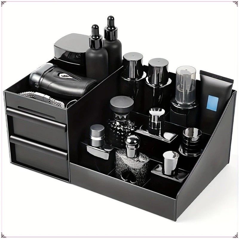 Black Mens Wash Bag & Vanity Organiser | 2 Drawer Acrylic Bathroom Storage for Grooming & Skincare