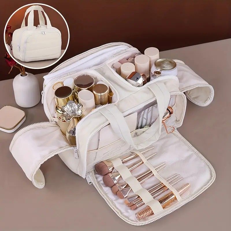 Travel Toiletry & Makeup Bag – Large Capacity Organiser Wash Bag with Compartments(beige)