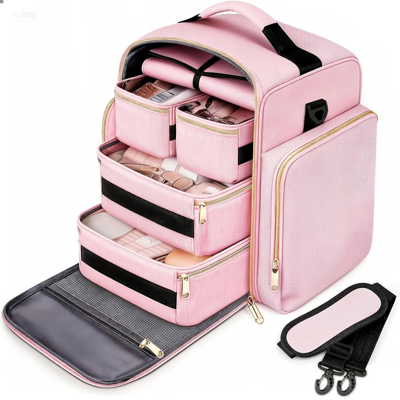 1pc Complete Travel Makeup Bag Set, Pink, Large Capacity Cosmetic Organizer with Detachable Pouch, Jewelry Storage Case