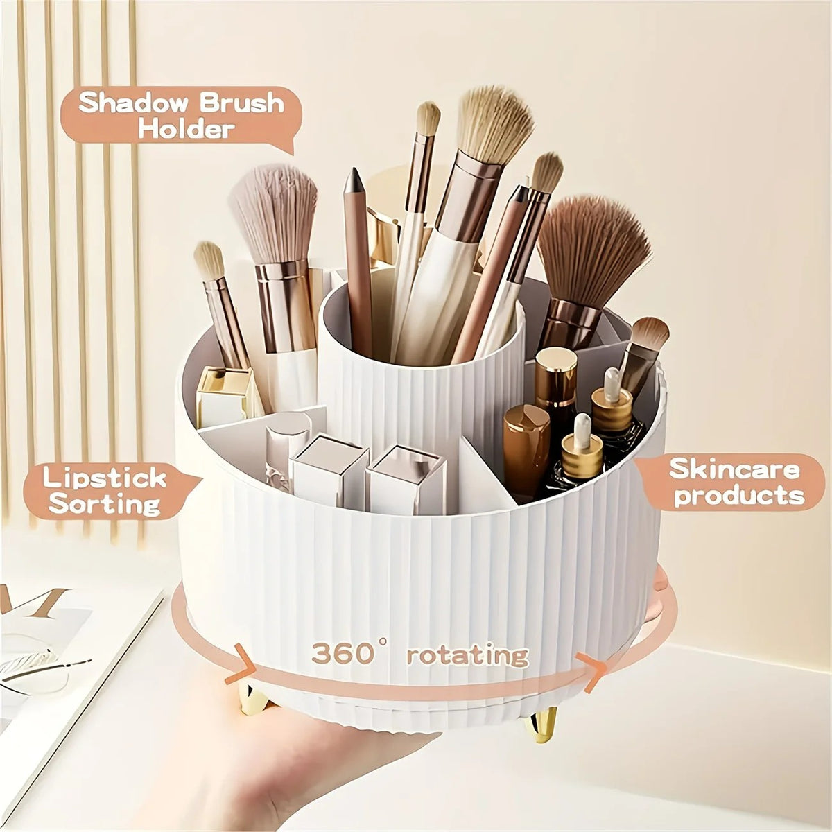 360-Degree Rotating Cosmetic Organizer – 1 Plastic Makeup Storage Box with 5 Compartments – Multi-Purpose Holder for Brushes, Lipsticks, Skincare Products, and Stationery – Durable Odor-Free Desktop Storage Container with Luxurious Stripe Design.WHITE
