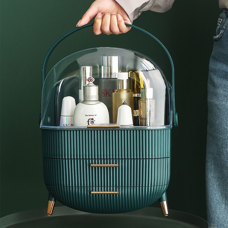 Transparent Flip-top Cosmetic Storage Box: Dustproof, Waterproof, Multi-layer Drawer Organizer, Portable Storage Essential for Desktop and Bathroom.Dark green