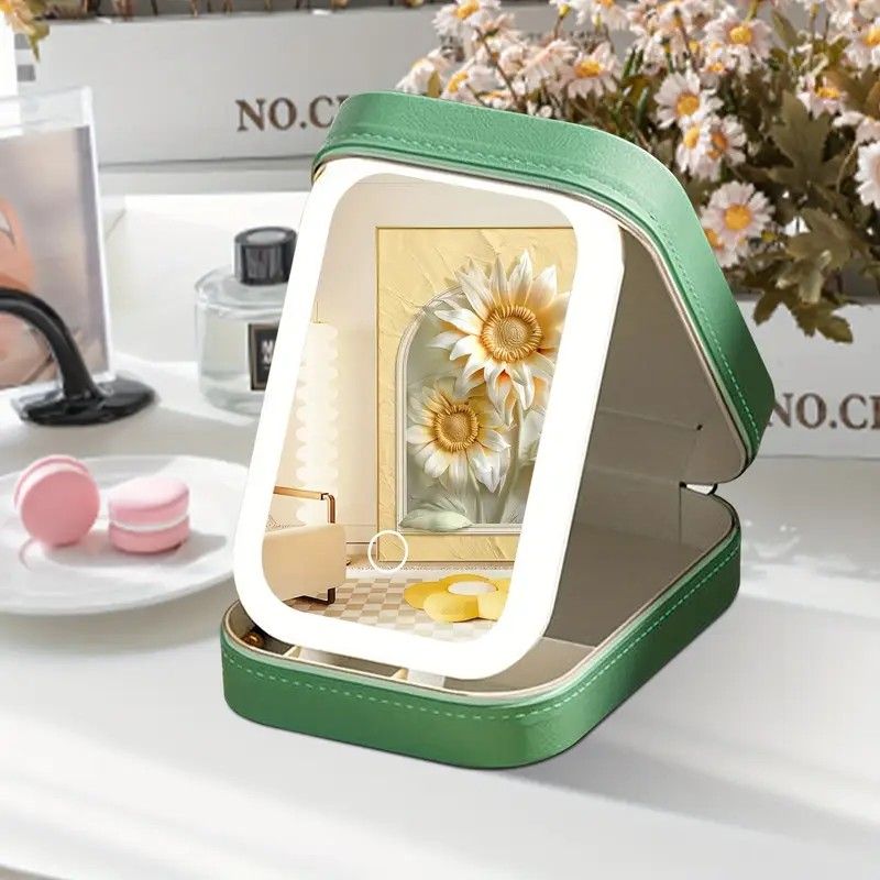 Portable 3-Light LED Makeup Mirror with Organizer – Travel Vanity Case, Rechargeable Touch Control Makeup Box for Home & Travel(green)