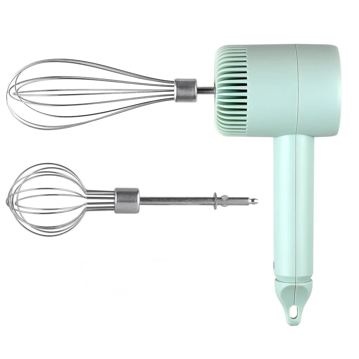 Green Wireless charging handheld mixer, 30W with three-speed settings. Dual whisk heads designed for whipping eggs, cream, and batter. Suitable for both kitchen and outdoor use, also an ideal gift.