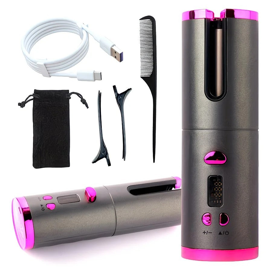 Automatic Hair Curling Wand, Tangle-Free Design, Portable USB Charging Rotating Curling Iron with Ceramic Barrel, Suitable for Long Hair, Fast, Ideal for Hairstyling.Lavender gray