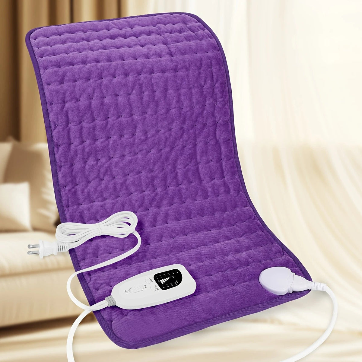purple This large heating pad (24" x 12") features 6 temperature levels and 4 timer settings, with rapid heating and auto-off functions. It is portable, machine-washable, and suitable for the neck, back, legs, abdomen, and knees—an ideal gift for holidays