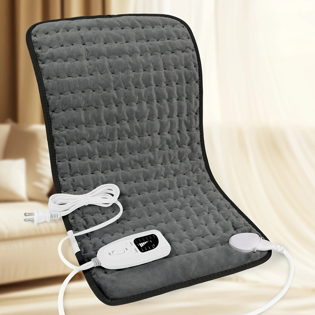 Dark grey This large heating pad (24" x 12") features 6 temperature levels and 4 timer settings, with rapid heating and auto-off functions. It is portable, machine-washable, and suitable for the neck, back, legs, abdomen, and knees—an ideal gift for holid