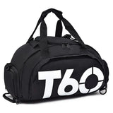 T60 Upgraded Sports Bag: Wet-Dry Separation + Independent Shoe Compartment, Large Capacity, Multiple Carry Options – A Must-Have for Travel./White characters on black background 