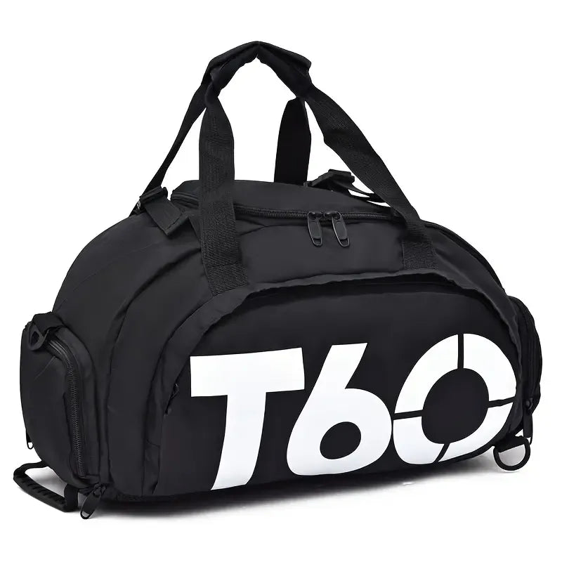 T60 Upgraded Sports Bag: Wet-Dry Separation + Independent Shoe Compartment, Large Capacity, Multiple Carry Options – A Must-Have for Travel./White characters on black background 