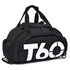 T60 Upgraded Sports Bag: Wet-Dry Separation + Independent Shoe Compartment, Large Capacity, Multiple Carry Options – A Must-Have for Travel./White characters on black background 