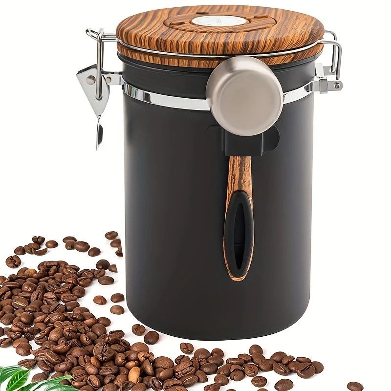 1500ml 304 Stainless Steel Coffee Canister Airtight Coffee Bean Storage Jar with Wood Grain Lid and Scoop