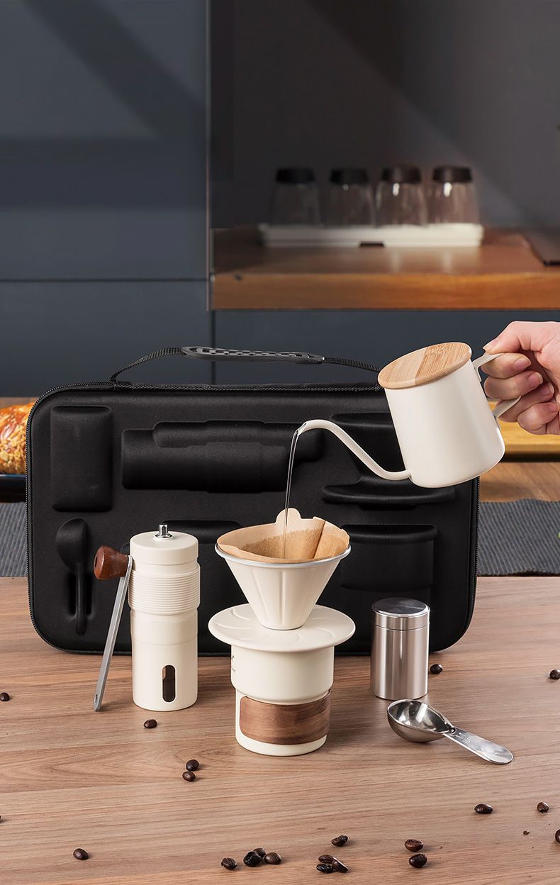 6-Piece Pour Over Coffee Set, Coffee Machine Gift Box, Pour Over Coffee Kettle, Coffee Cup, Coffee Bean Grinder Set.WHITE