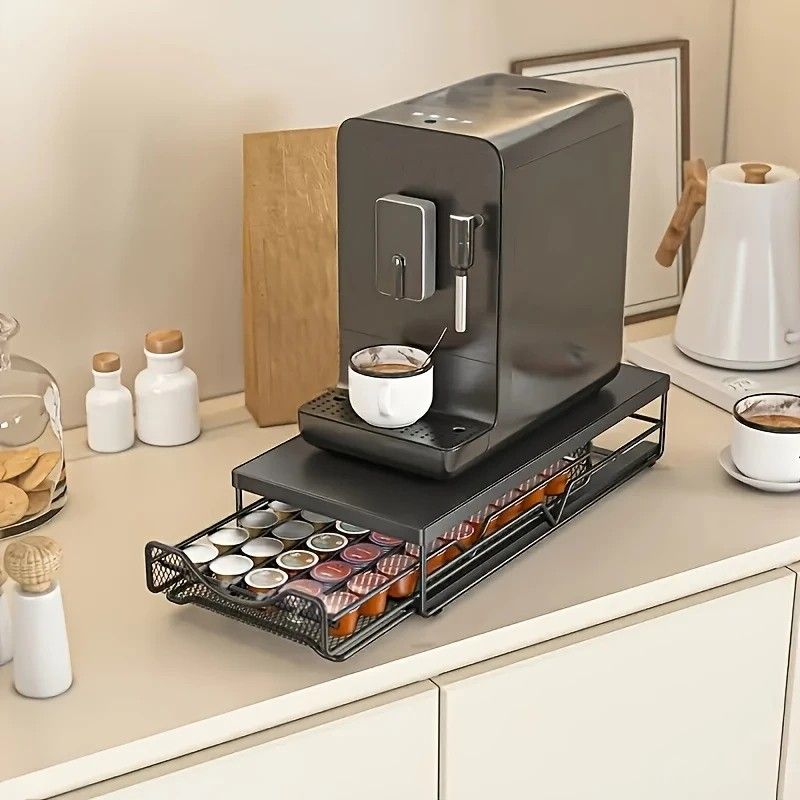 1pc Metal Coffee Capsule Storage Box Drawer Style Dustproof Organizer with Adjustable Grid for Tea Bags Capsules Multifunctional Organizer for Kitchen Office Home