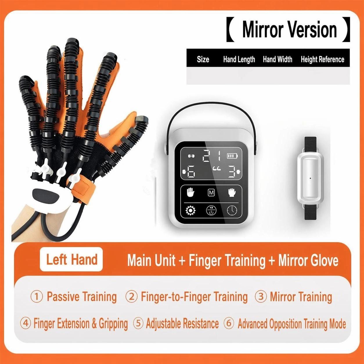 Upgraded Rehabilitation Training Glove, Mirror Training with Independent Single Finger Control, 9-Level Adjustable Force, Wireless Portable with Smart Memory – A Great Helper for Hand Function Recovery./XL code for left hand (glove+host+mirror)