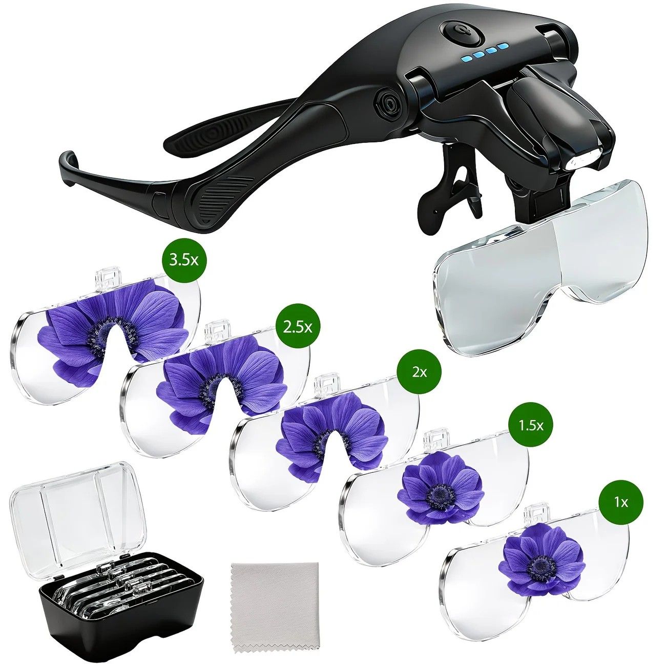 Head-mounted rechargeable magnifier, high-definition lenses with LED lighting, dual wearing modes for flexible switching, full-dimensional adjustment for precision work, lightweight, scratch-resistant, and durable, long battery life supporting repair and 