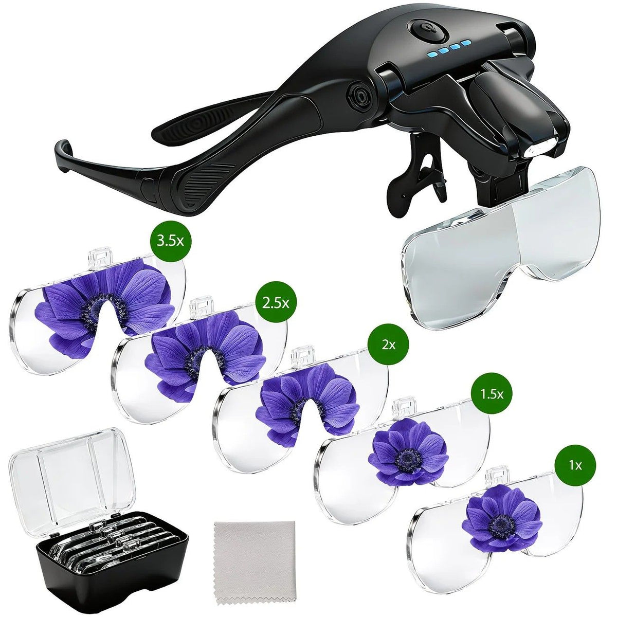 Head-mounted rechargeable magnifier, high-definition lenses with LED lighting, dual wearing modes for flexible switching, full-dimensional adjustment for precision work, lightweight, scratch-resistant, and durable, long battery life supporting repair and 