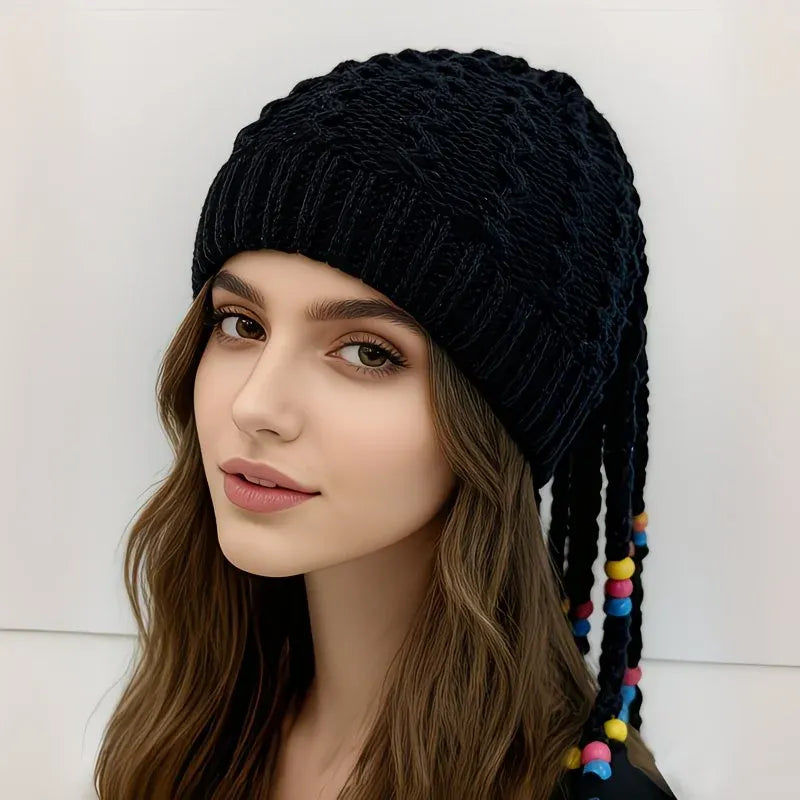 Hand Knitted Braided Tassel Beanie Hat, Adorned with Colorful Beads for a Playful and Cute Look, Combining Vintage Warmth with Style – The Perfect Autumn and Winter Outfit Accent./black
