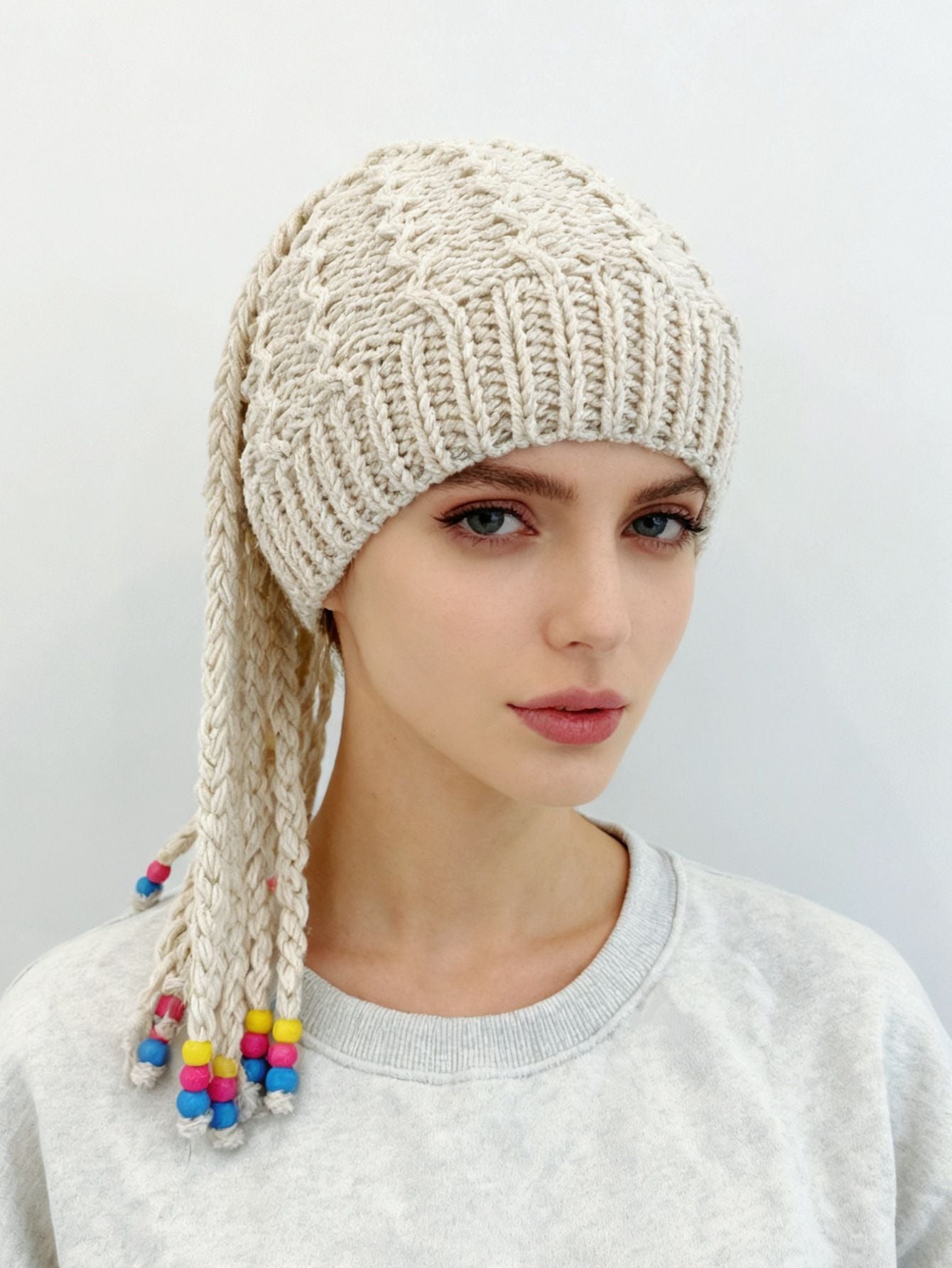 Hand Knitted Braided Tassel Beanie Hat, Adorned with Colorful Beads for a Playful and Cute Look, Combining Vintage Warmth with Style – The Perfect Autumn and Winter Outfit Accent./beige