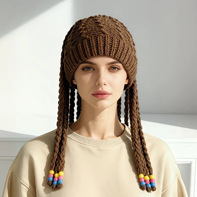 Hand Knitted Braided Tassel Beanie Hat, Adorned with Colorful Beads for a Playful and Cute Look, Combining Vintage Warmth with Style – The Perfect Autumn and Winter Outfit Accent./coffee color