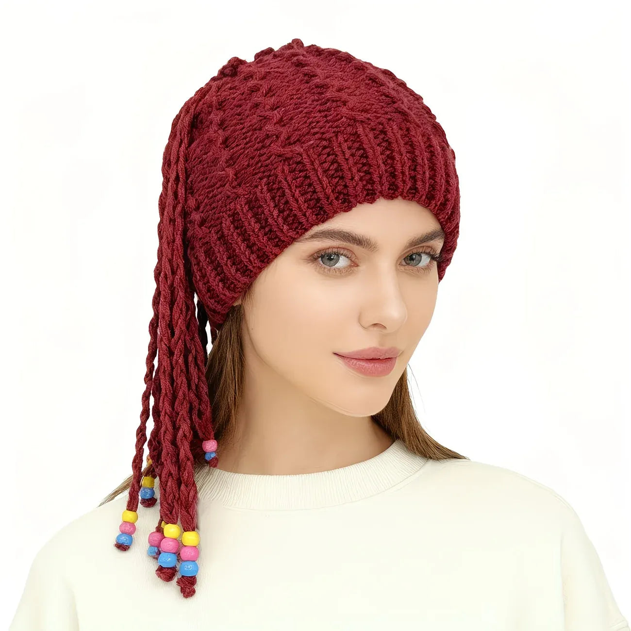Hand Knitted Braided Tassel Beanie Hat, Adorned with Colorful Beads for a Playful and Cute Look, Combining Vintage Warmth with Style – The Perfect Autumn and Winter Outfit Accent./claret-red