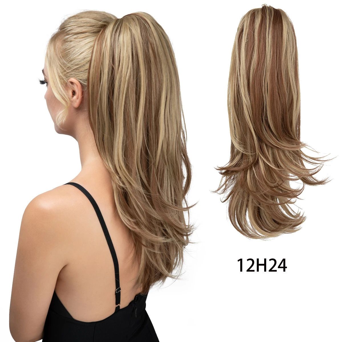 Clip-on Ponytail Hairpiece — Dual-use design, rotate 180° to switch between styles. Made of synthetic fiber, it's easy and quick to wear. Special craftsmanship ensures a natural, realistic look once put on.(jet black)