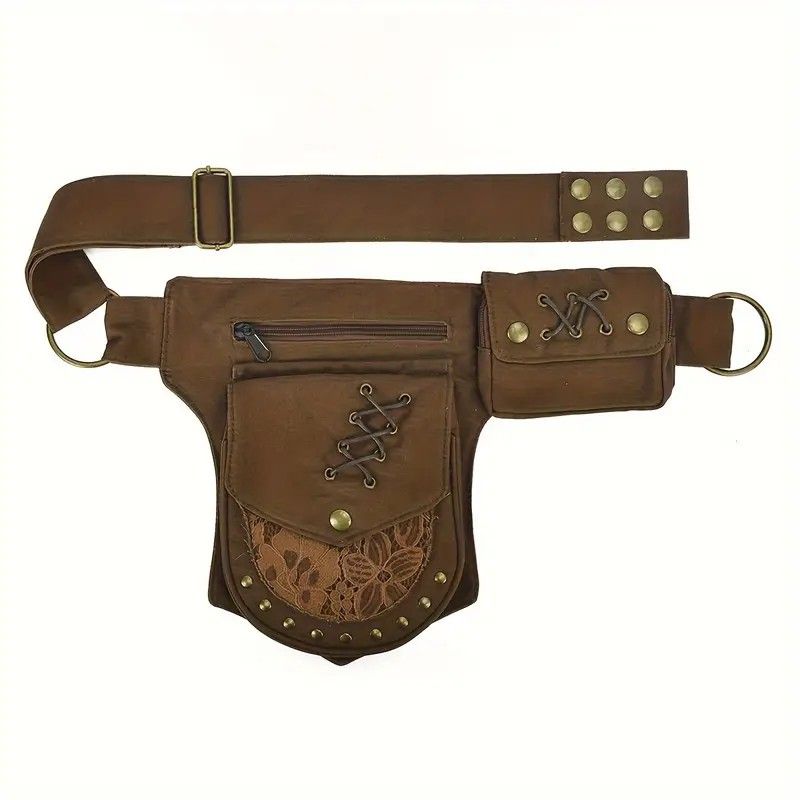 Retro Casual European and American Style Simple and Fashionable Multifunctional Waist Bag, High-Quality Design with Lace Stitching, Rivets, Tie-Fasten Belt Decoration, Daily Portable Practical Outdoor Sports Phone Bag