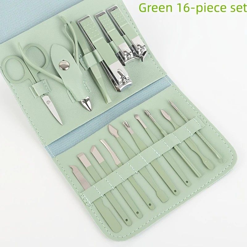 16-Piece Nail Care Set | Portable & Professional, One Box for Hand & Foot Details。green