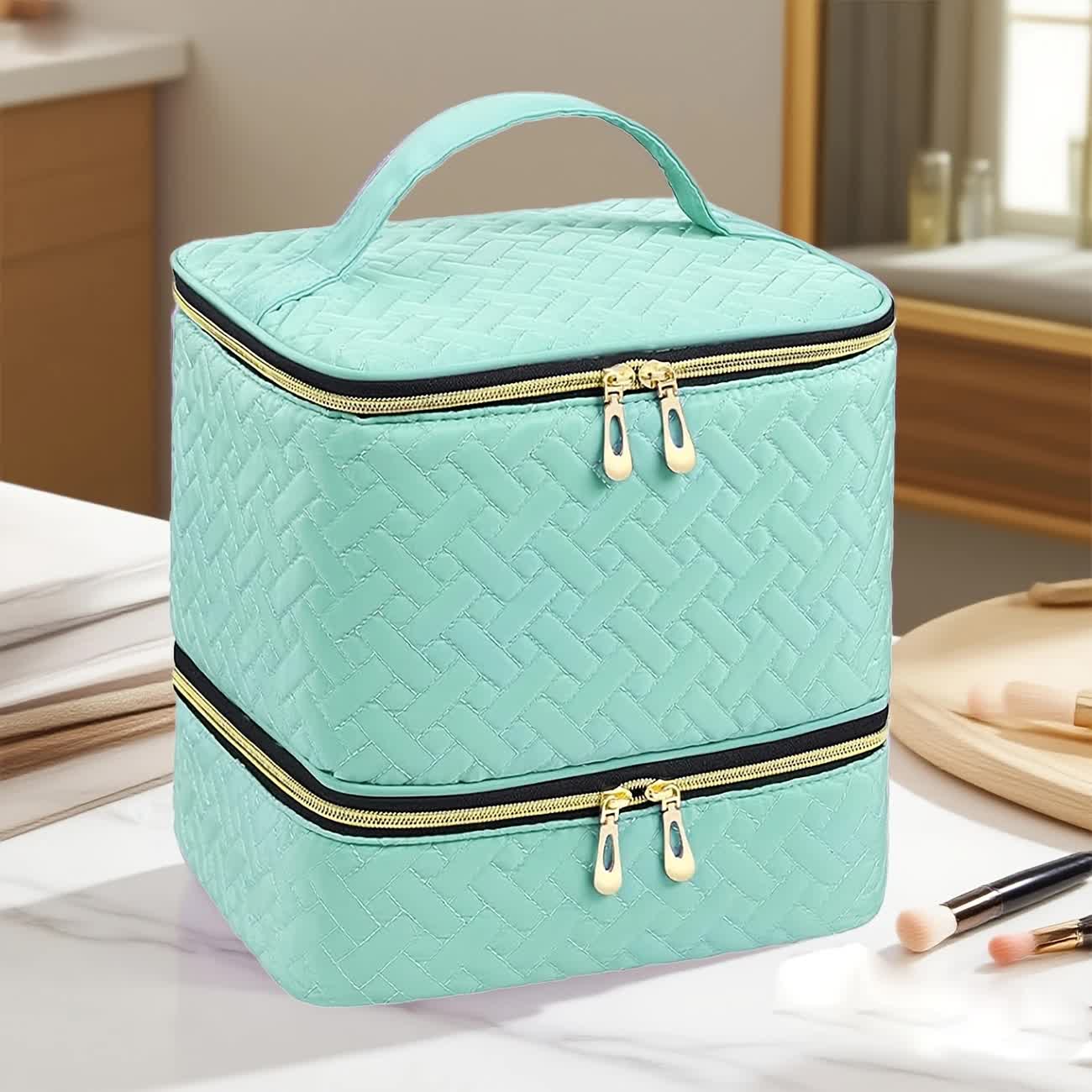 Green Double‑layer woven storage, scientifically organized with large capacity—Professional Nail Tool Carry‑on Bag, keeping tools perfectly ordered.