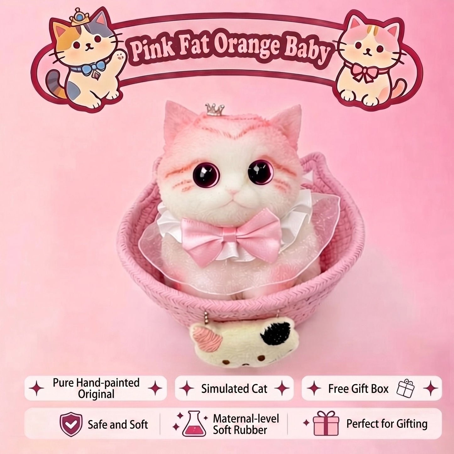 Cute handmade cat squishy toy, original hand-painted, baby-safe soft gel, gift box ideal for gifting. (Large cat + accessories + cat bed + gift box)/Pink orange fat baby