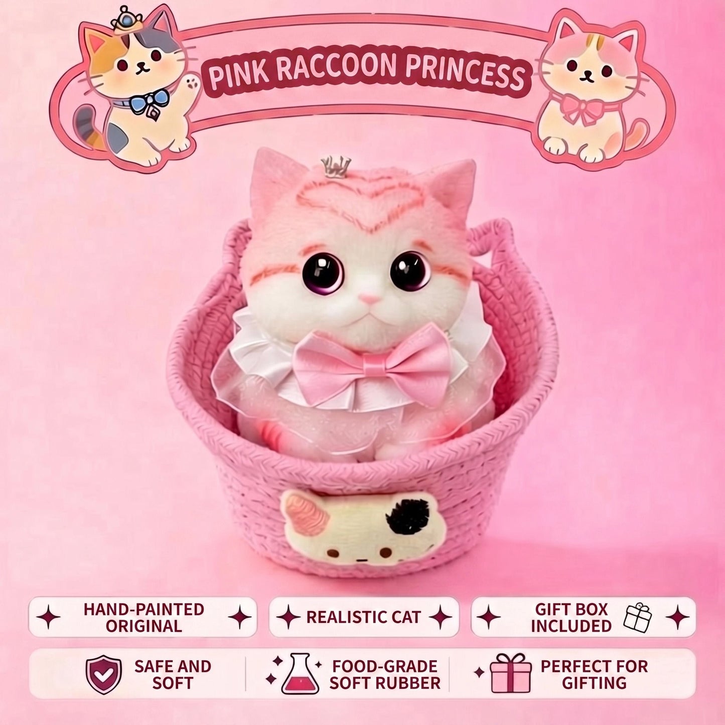 Cute handmade cat squishy toy, original hand-painted, baby-safe soft gel, gift box ideal for gifting. (Large cat + accessories + cat bed + gift box)/Princess pink beaver flower