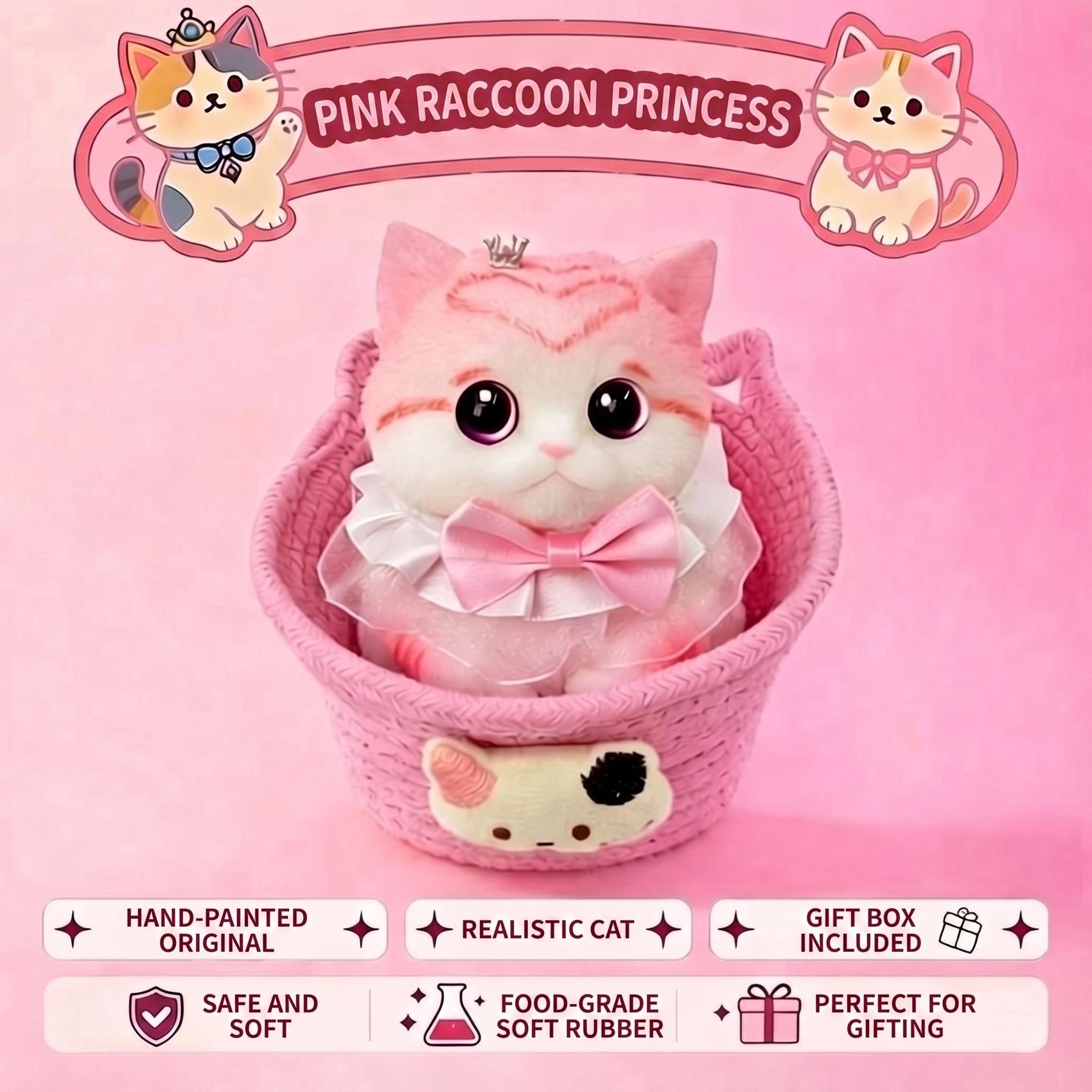 Cute handmade cat squishy toy, original hand-painted, baby-safe soft gel, gift box ideal for gifting. (Large cat + accessories + cat bed + gift box)/Princess pink beaver flower