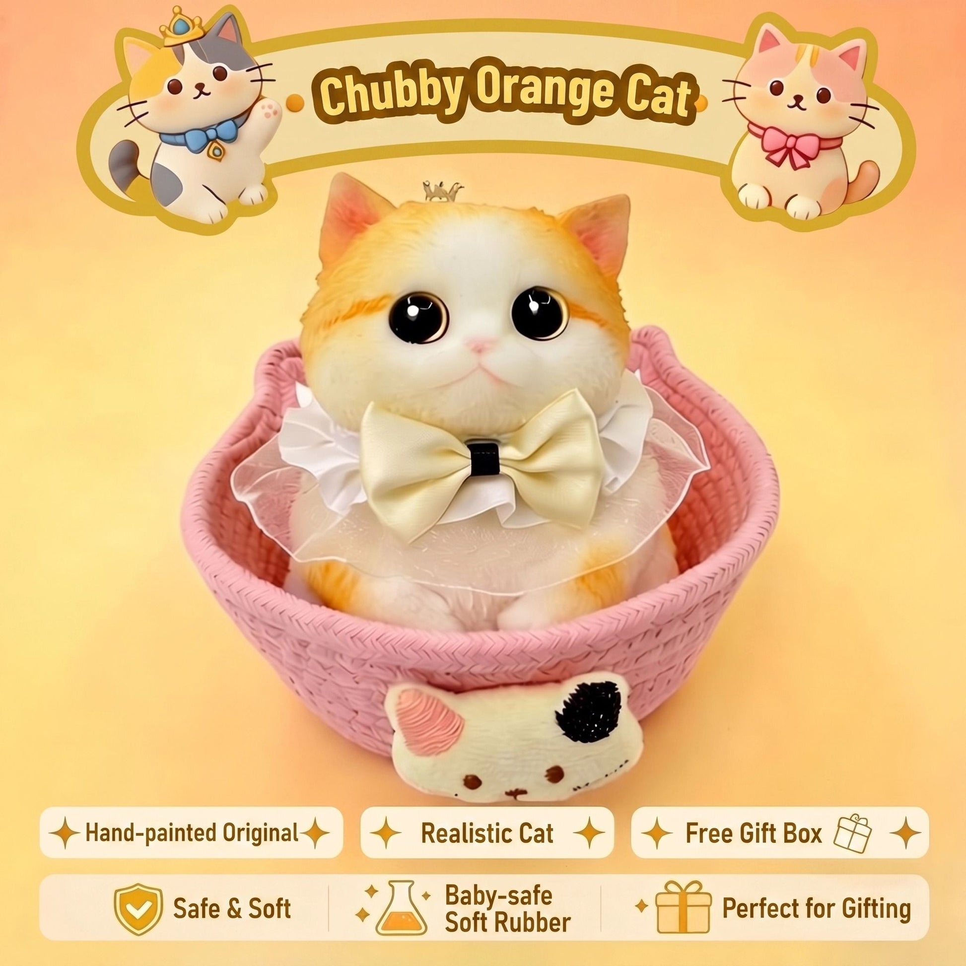 Cute handmade cat squishy toy, original hand-painted, baby-safe soft gel, gift box ideal for gifting. (Large cat + accessories + cat bed + gift box)/Fat orange cat