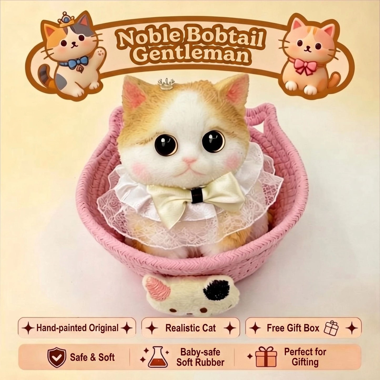 Cute handmade cat squishy toy, original hand-painted, baby-safe soft gel, gift box ideal for gifting. (Large cat + accessories + cat bed + gift box)/Noble Bobtail Gentleman