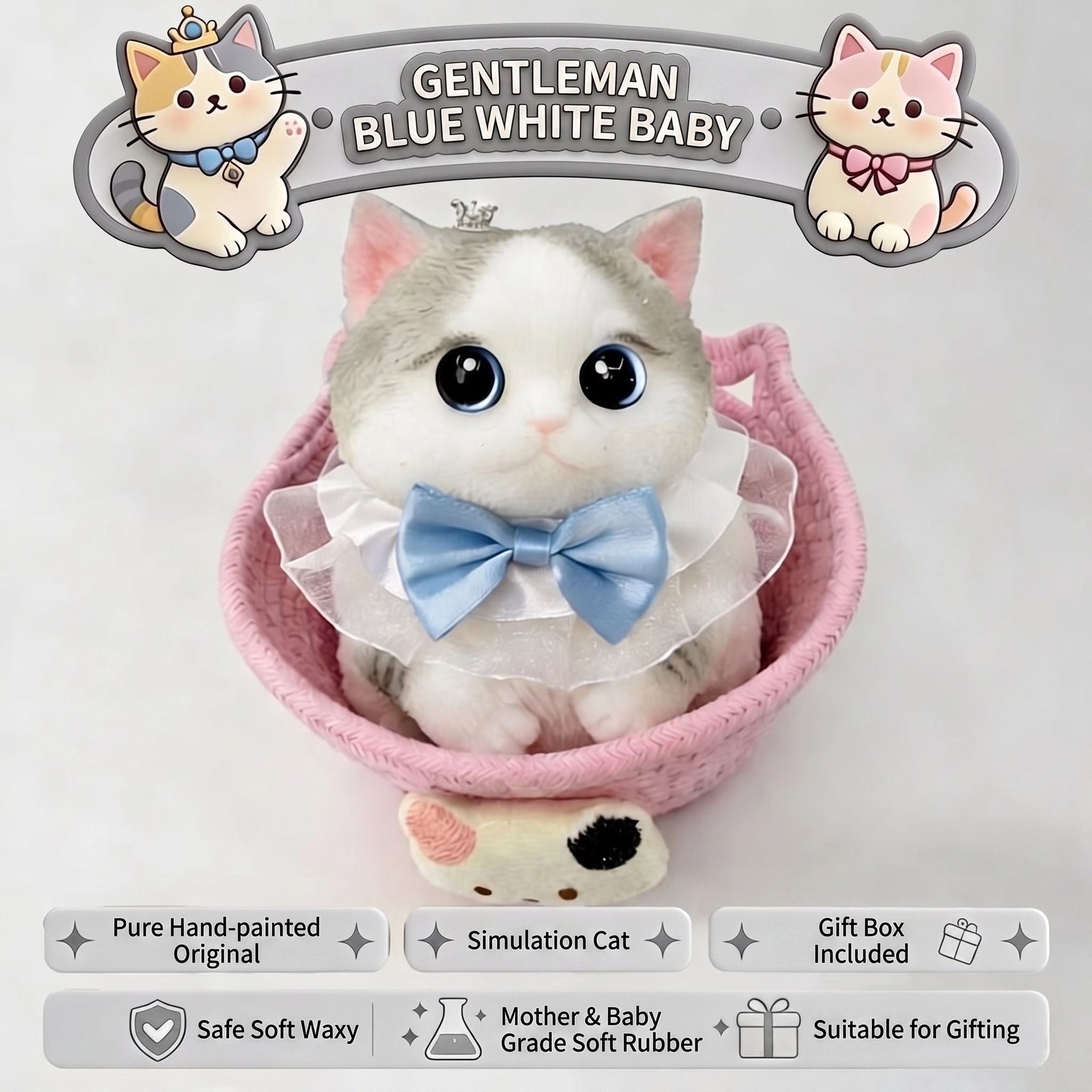 Cute handmade cat squishy toy, original hand-painted, baby-safe soft gel, gift box ideal for gifting. (Large cat + accessories + cat bed + gift box)/Gentleman blue and white treasure