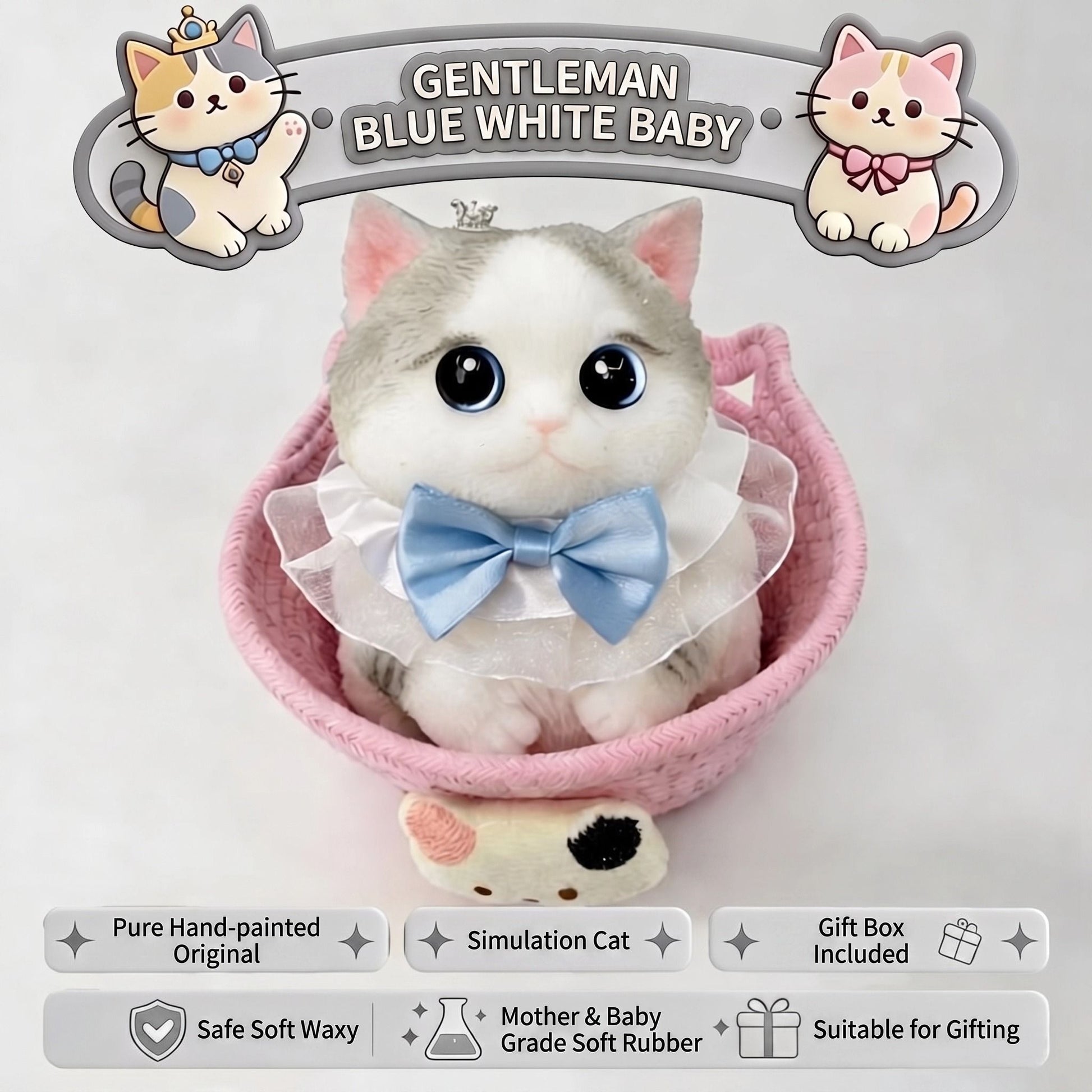 Cute handmade cat squishy toy, original hand-painted, baby-safe soft gel, gift box ideal for gifting. (Large cat + accessories + cat bed + gift box)/Gentleman blue and white treasure