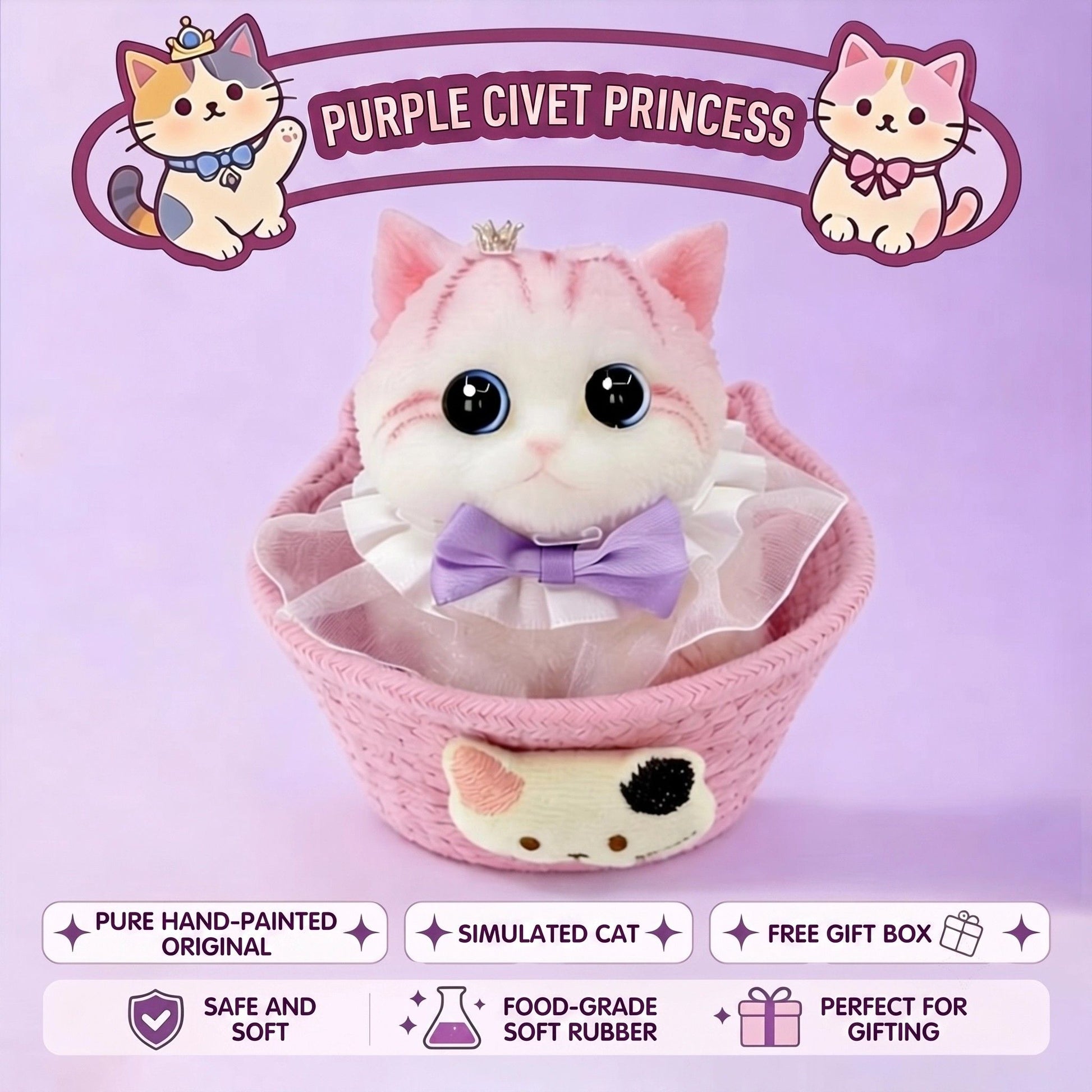 Cute handmade cat squishy toy, original hand-painted, baby-safe soft gel, gift box ideal for gifting. (Large cat + accessories + cat bed + gift box)/Princess purple beaver flower