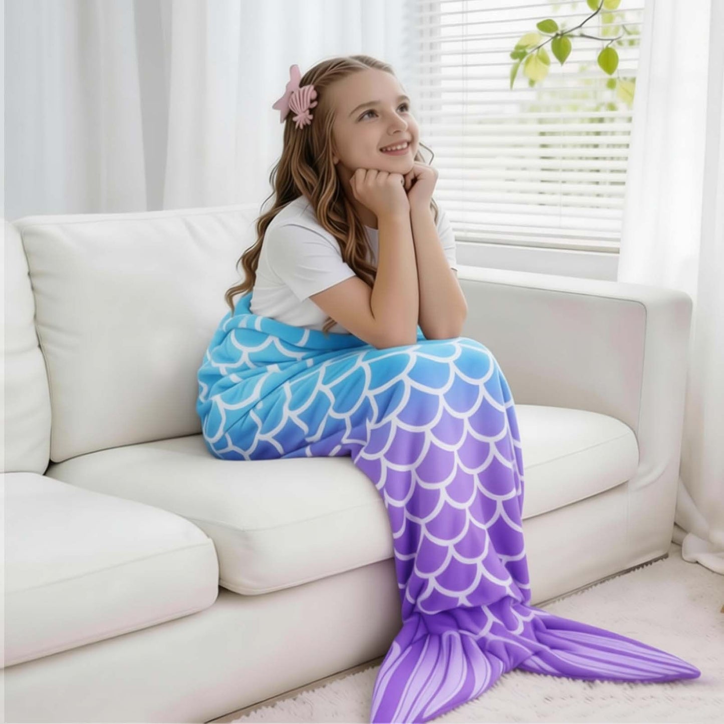 Mermaid Tail Blanket, Star Gradient Flannel Fleece, Soft and Warm, Essential for Lounging and Photo Taking at Home.(Light-blue purple)