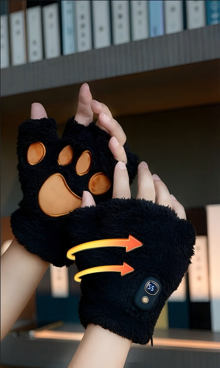BLACK Cat Paw Fingerless Electric Heating Gloves, 3 adjustable heating levels, washable, 2000mAh battery, fluffy and warm, perfect for study and entertainment, ideal gift for birthdays and Christmas.