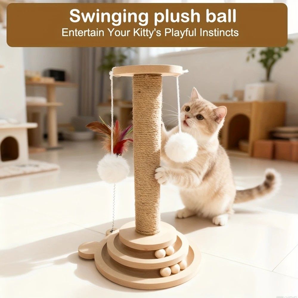 Bestselling Interactive Cat Scratching Post | Sisal Scratching Board + Rotating Ball Track + Feather Toy, Multi-functional Cat Tower for Solo Play and Stress Relief