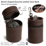 Oil Nubuck Leather Barrel Piggy Bank, Top-Grain Cowhide Plain Design, Zipper Closure Portable（coffee color）