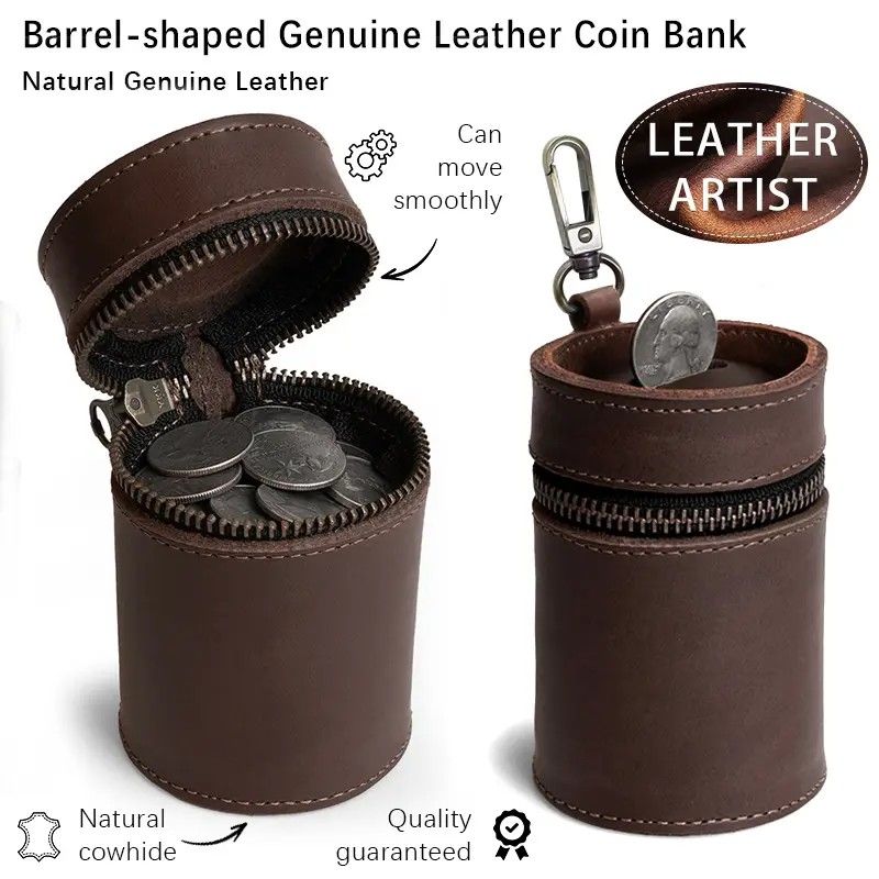 Oil Nubuck Leather Barrel Piggy Bank, Top-Grain Cowhide Plain Design, Zipper Closure Portable（coffee color）
