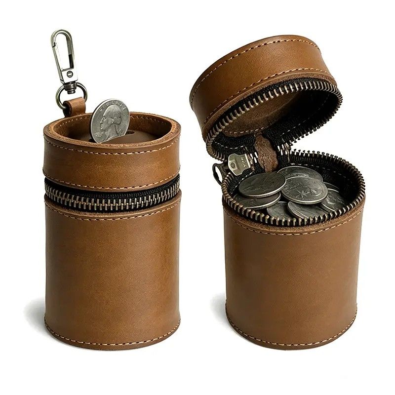 Oil Nubuck Leather Barrel Piggy Bank, Top-Grain Cowhide Plain Design, Zipper Closure Portable（brown）