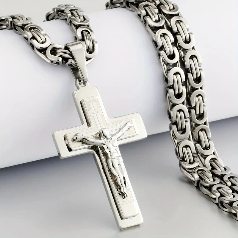  Trendy Gold-Plated Cross Men's Pendant, paired with a Cuban chain—a bold, personal expression of faith.silver