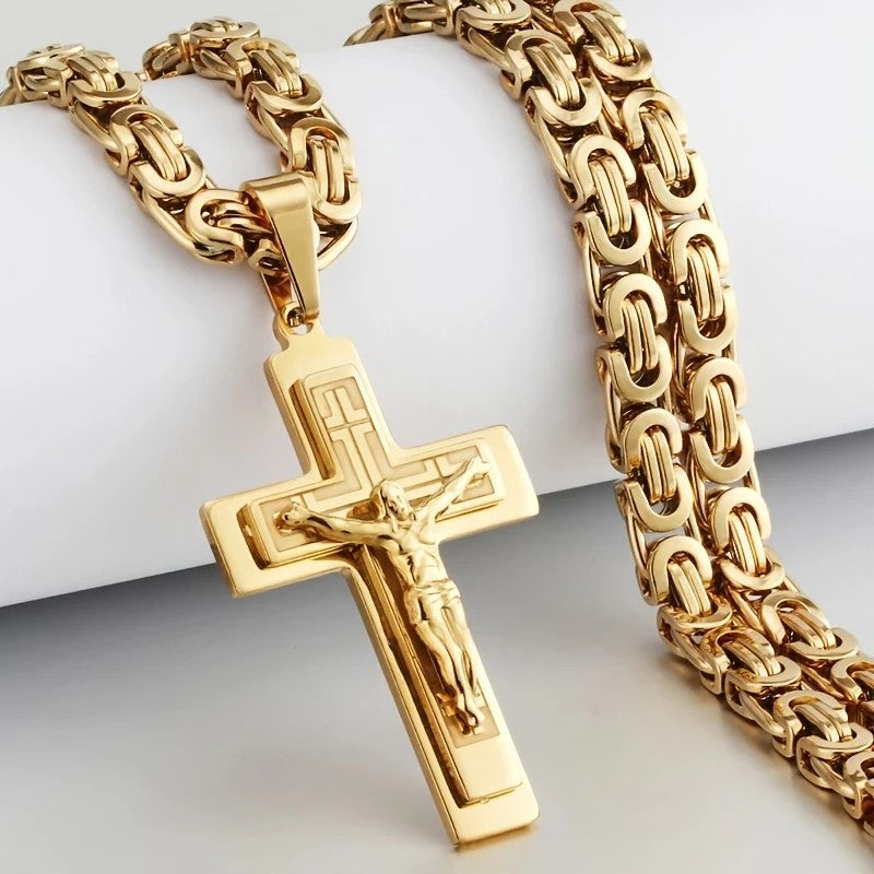golden Trendy Gold-Plated Cross Men's Pendant, paired with a Cuban chain—a bold, personal expression of faith.