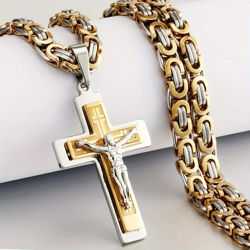Trendy Gold-Plated Cross Men's Pendant, paired with a Cuban chain—a bold, personal expression of faith.（Gold+silver）
