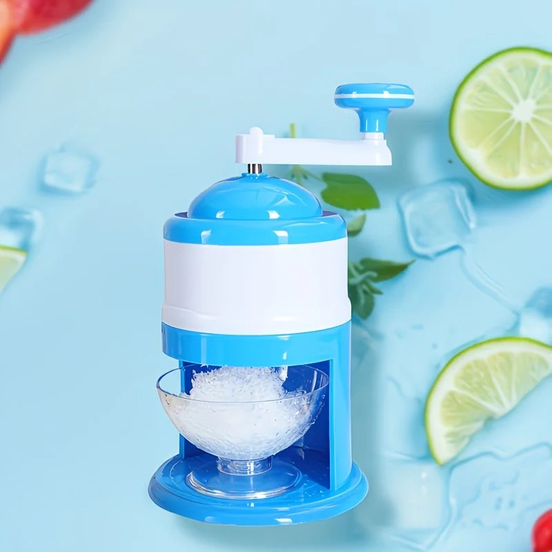 Blue multi-function shaved ice machine with manual crank.