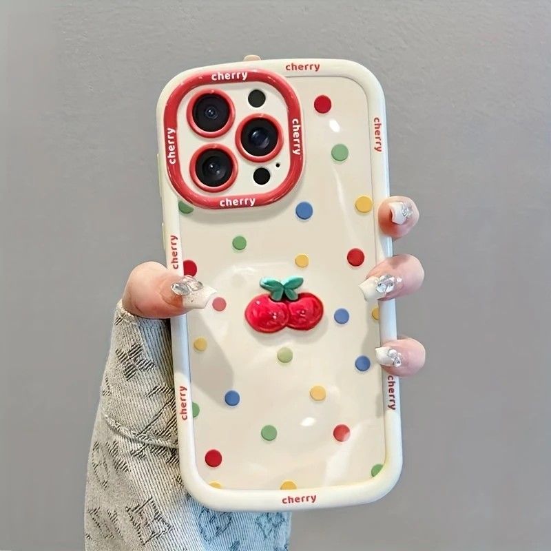 Creamy White Shell Cherry Painting iPhone Case Silicone Drop Protection Full Lens Cover with Lanyard Cute Polka Dot Design(iPhone16)