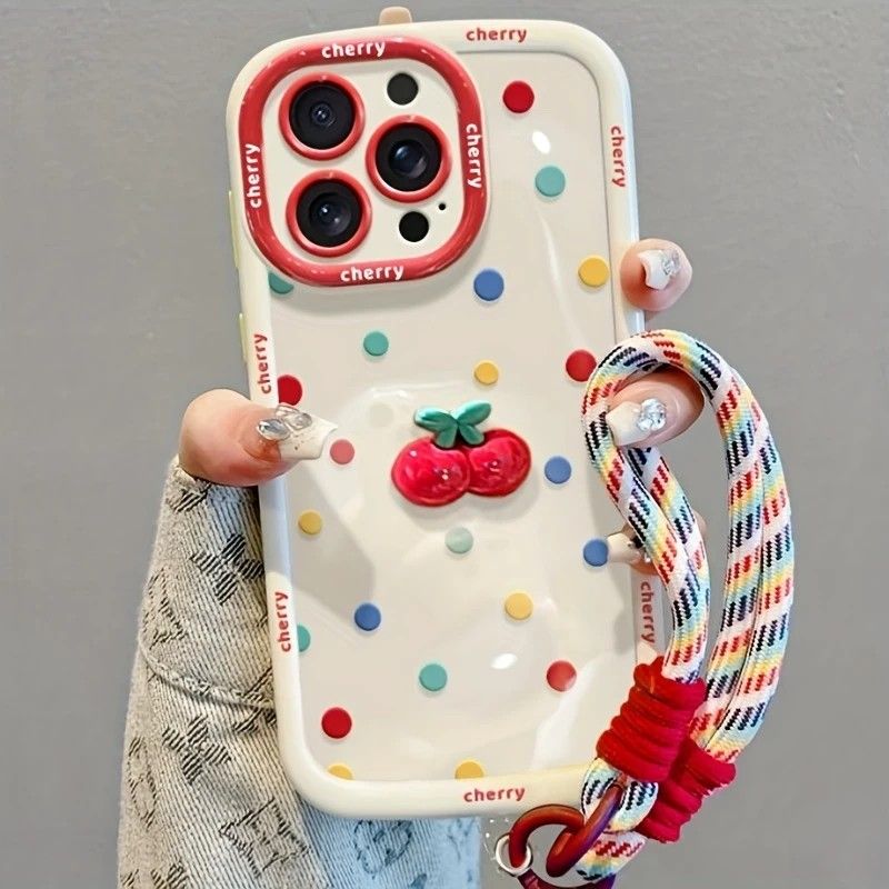Creamy White Shell Cherry Painting iPhone Case Silicone Drop Protection Full Lens Cover with Lanyard Cute Polka Dot Design(iPhone16plus)