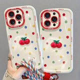 Creamy White Shell Cherry Painting iPhone Case Silicone Drop Protection Full Lens Cover with Lanyard Cute Polka Dot Design(iPhone17 pro)