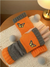 Fashion Color-Block Butterfly Embroidered Knit Gloves, Warm Fit 8.5×22cm, Practical Sweet Stylish Essential for Autumn/Winter Outfits(RED)